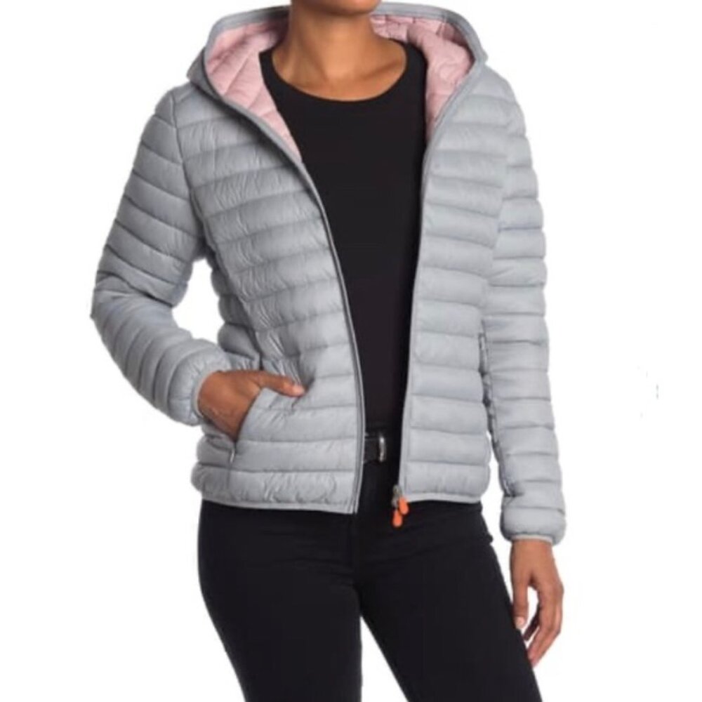 Save The Duck Giga Gray Pink Hooded Puffer Jacket